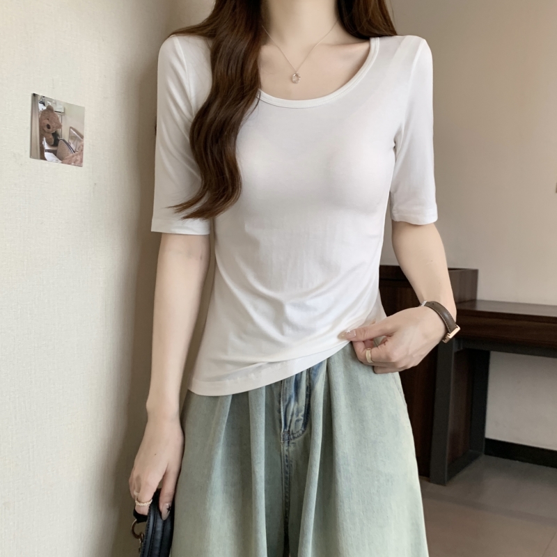 實拍  40支純棉 2024夏裝中袖五分袖U領短袖T恤女低領