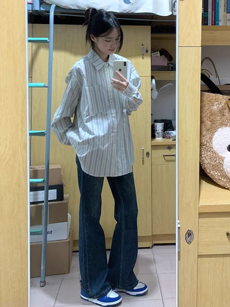 原版布料質量240斤特大碼設計感小眾條紋長袖襯衫