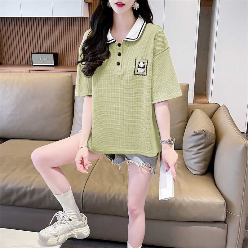 實拍 2024夏季新款韓版寬鬆華夫格POLO領卡通刺繡大碼短袖T恤女