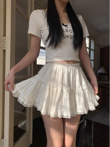 New summer style white lace skirt for small people, gentle style, high-waisted A-line skirt, anti-exposure culottes