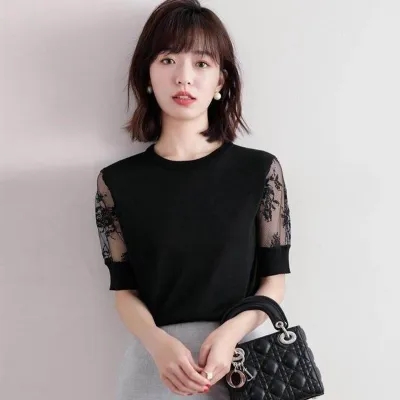洋氣網紗蕾絲拼接上衣女春夏季歐洲站時尚薄款短袖冰絲針織衫T恤