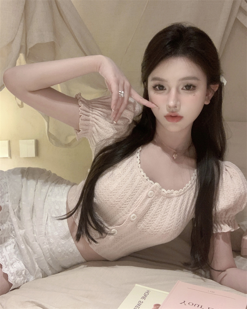 實拍~純欲粉色上衣女新款露臍露背系帶辣妹短袖t恤