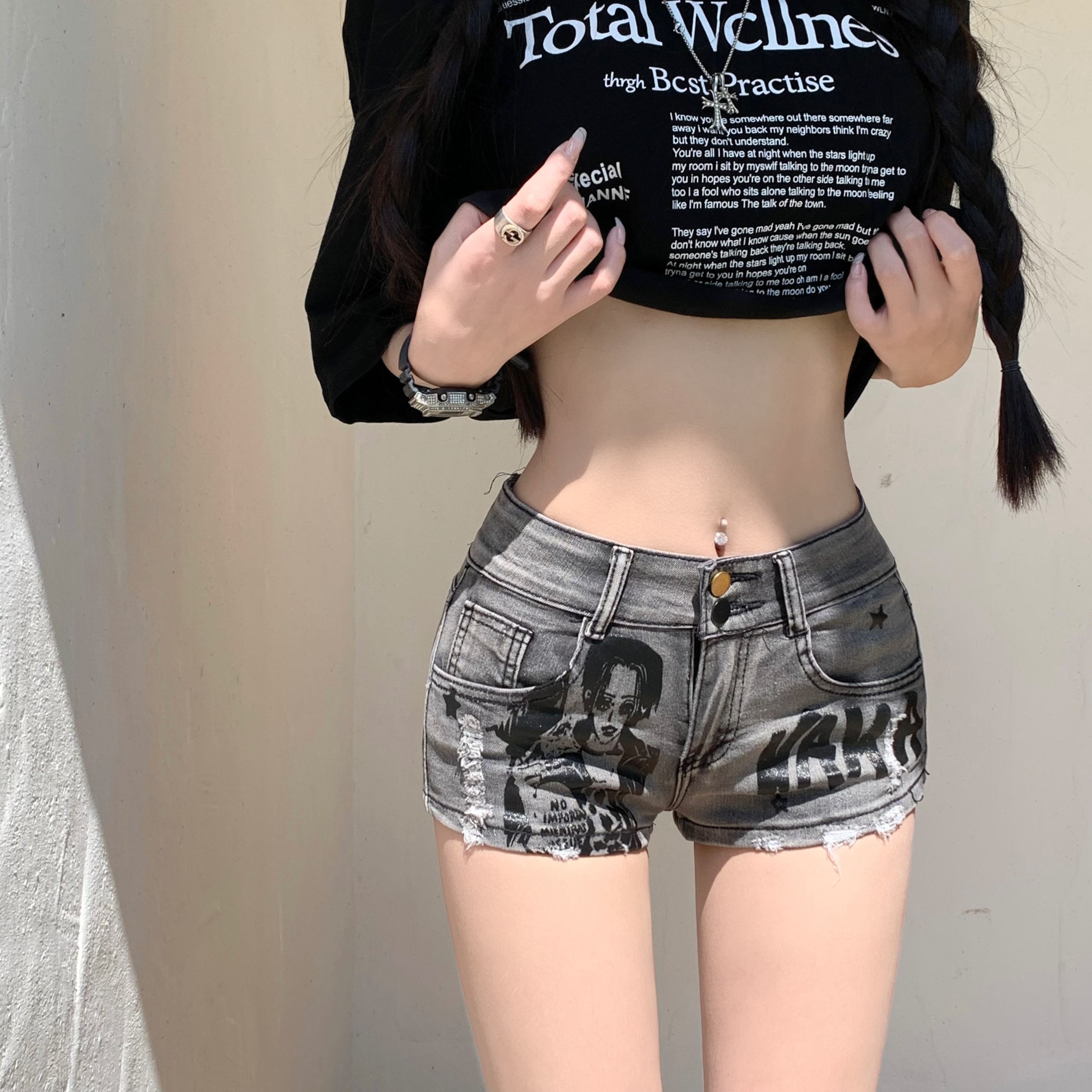 實拍美式辣妹復古低腰牛仔超短褲設計感印花高腰休閒褲