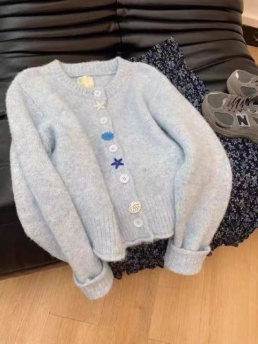 Lazy style soft and waxy milk blue sweater for women spring and autumn 2024 new high-end soft and waxy knitted cardigan