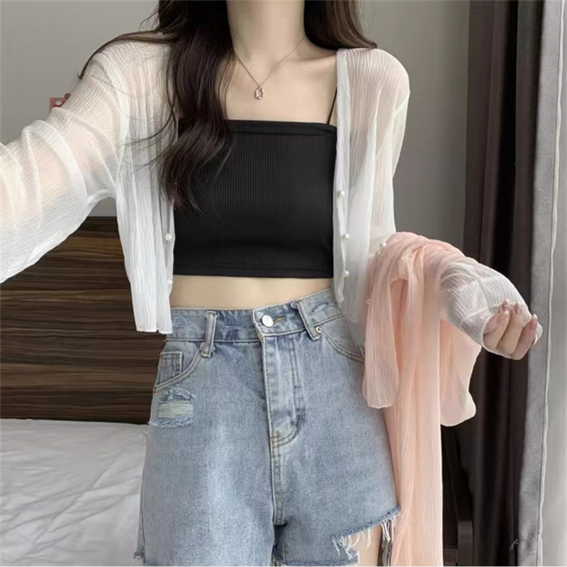 Ice silk knitted sun protection cardigan women's thin summer white shawl outer blouse small waistcoat long-sleeved short top
