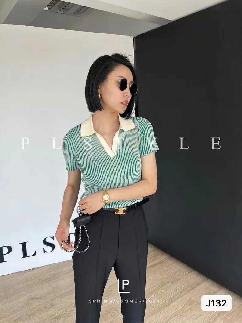 2024夏季新款韓版時髦氣場Polo領坑條顯瘦短袖上衣女