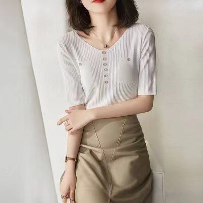 白領哥弟新新款2024女夏裝氣質修身顯瘦純色V領冰絲短袖針織衫T恤
