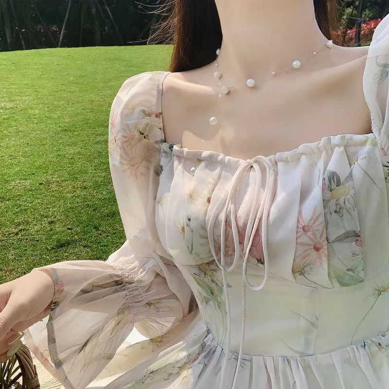 春夏新款絕美長袖雪紡連衣裙仙女超仙森系溫柔風茶歇法式初戀裙子