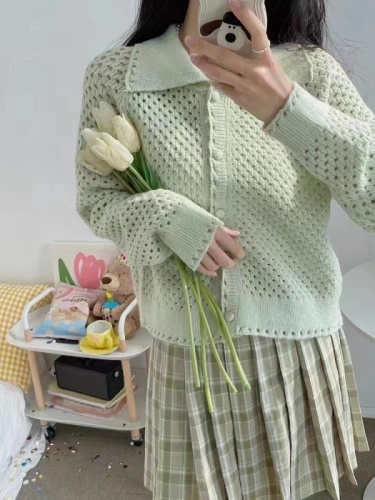 新款韩版慵懒娃娃领泡泡袖针织衫宽松上衣开衫毛衣女