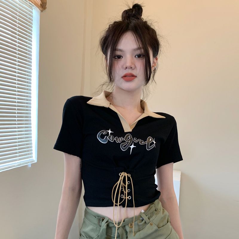 正肩短袖T恤女夏季新款設計感小眾polo衫短款甜辣妹上衣