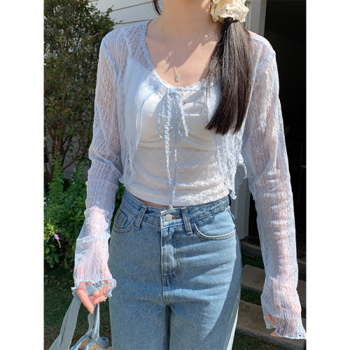 Real shot of western style age-reducing sweet lace cardigan for women 2024 new style small shawl blouse with air-conditioning sun protection clothing