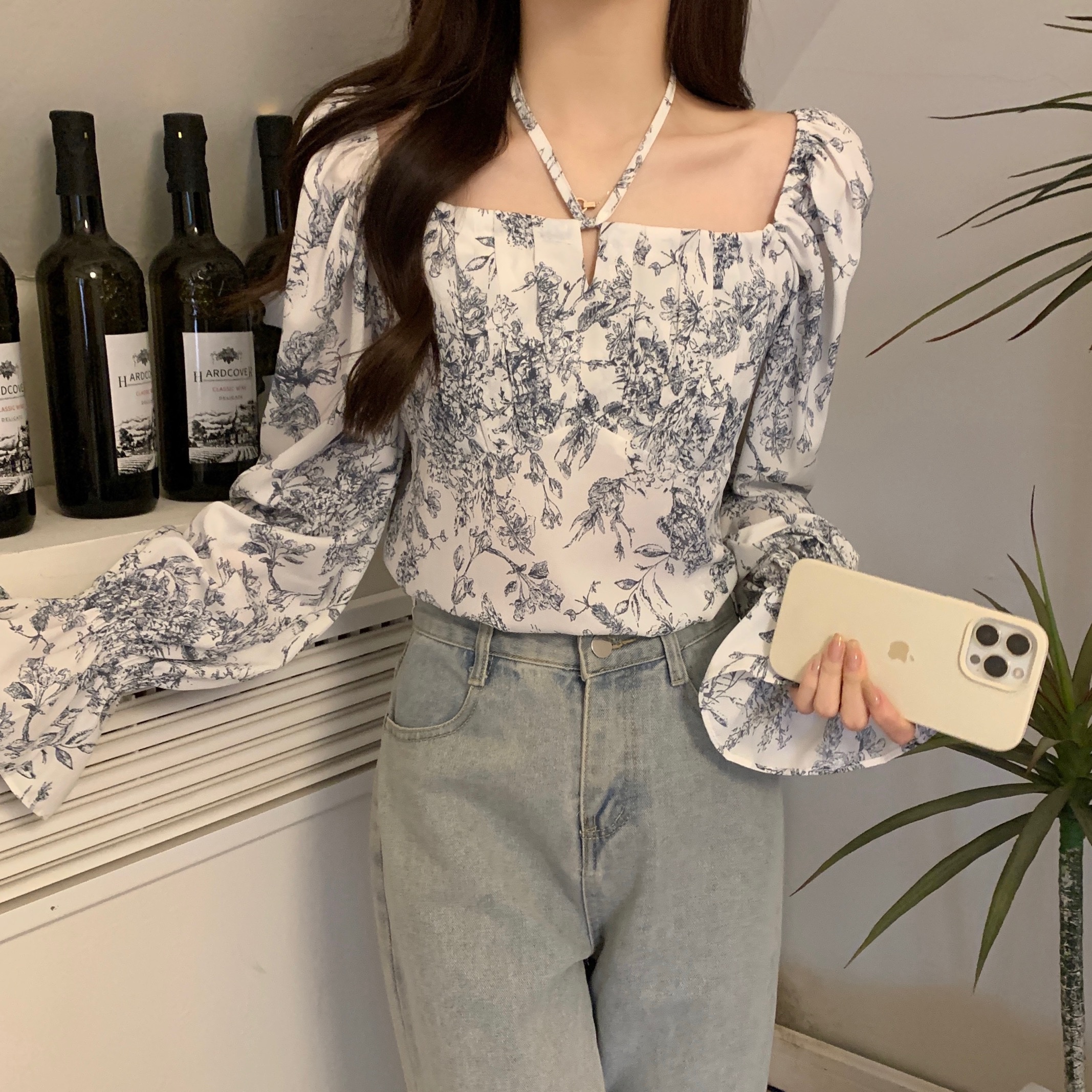 實拍  2024新款早秋法式系帶方領碎花雪紡襯衫女泡泡袖上衣