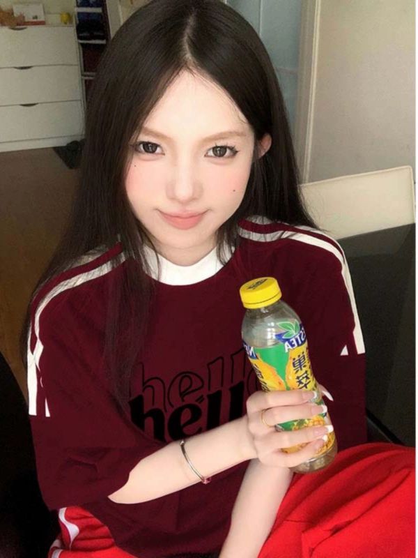 美式復古寬鬆短袖T恤女夏季2024新款酒紅色韓版高街三條槓上衣潮