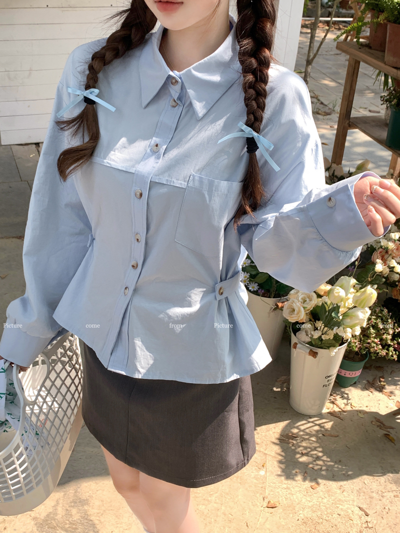 實拍 法式長袖襯衫女2024春季襯衣設計感小眾收腰短款上衣