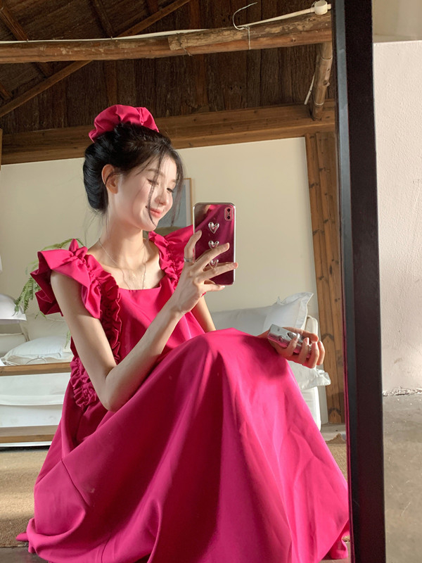 茶歇法式吊帶裙連衣裙女夏高級感森系仙女桔梗海邊度假沙灘長裙子