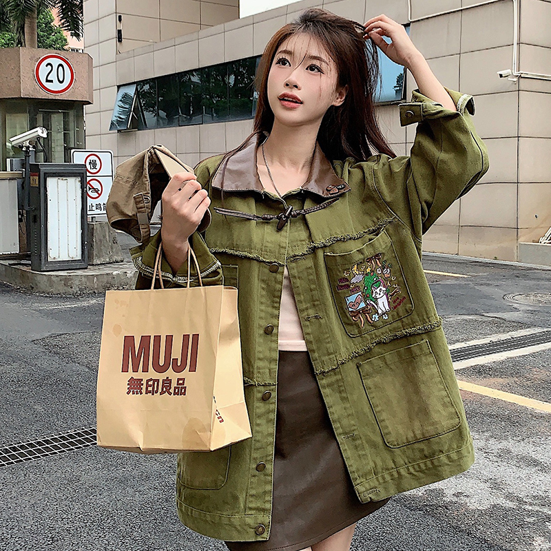 實拍~ 亂糟糟「出街vintage」童趣刺繡磨毛牛仔外套秋