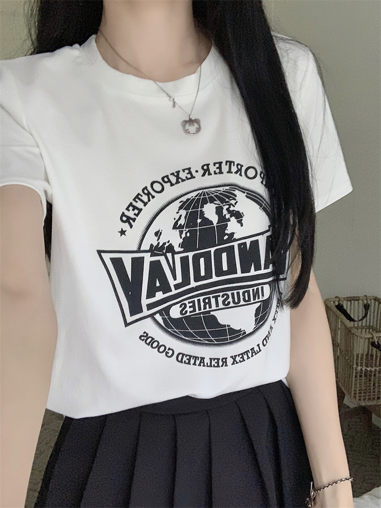 ～Large size women's American round neck short-sleeved cotton T-shirt with letters for women's summer fat-covering and slimming top
