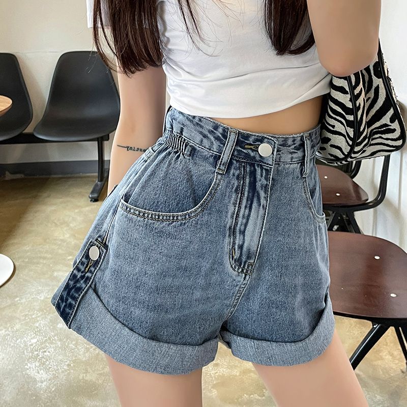 高腰復古闊腿牛仔短褲女2024夏季新款寬鬆百搭鈕扣小個子卷邊熱褲