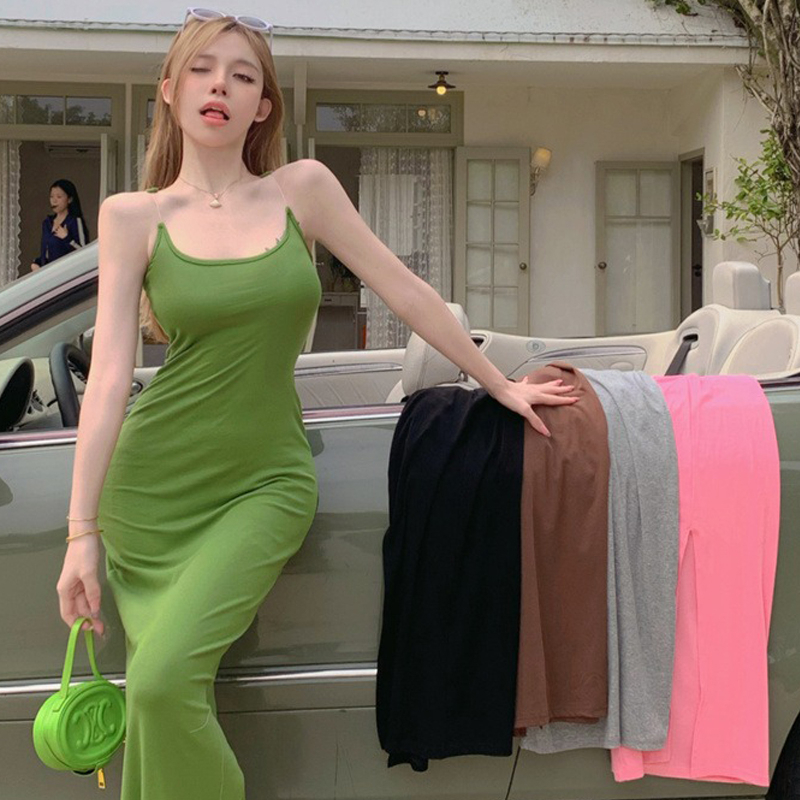 肩帶消失術辣妹無袖背心吊帶連衣裙女夏長裙子彈力緊身包臀魚尾裙
