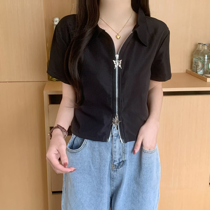 實拍 2024新款小眾設計感拉鏈短款甜辣上衣修身短袖襯衫女ins潮