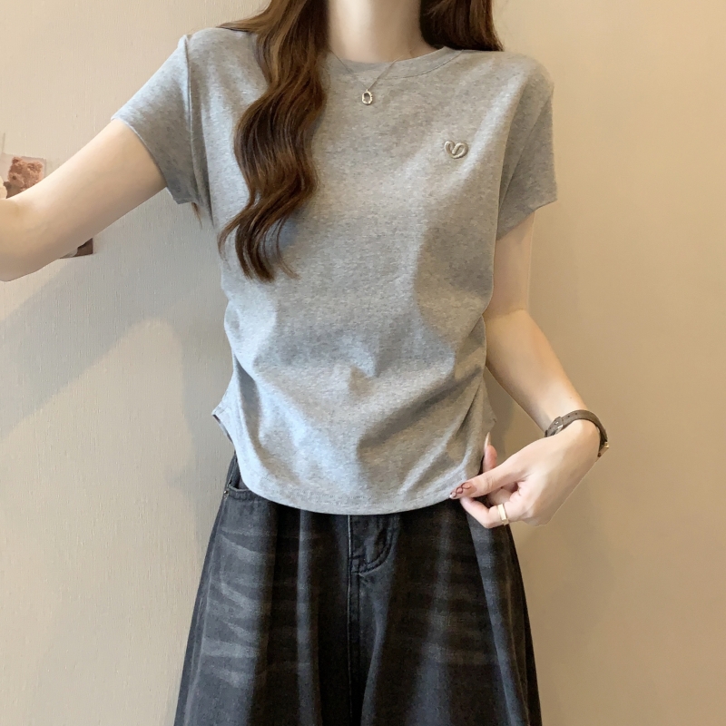 實拍  40支純棉 2024夏裝刺繡修身愛心短袖T恤女正肩