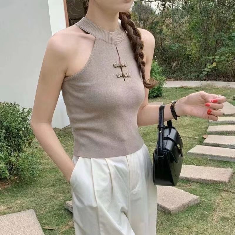 新中式吊帶女內搭外穿2024春夏新款修身顯瘦內搭無袖掛脖盤扣上衣