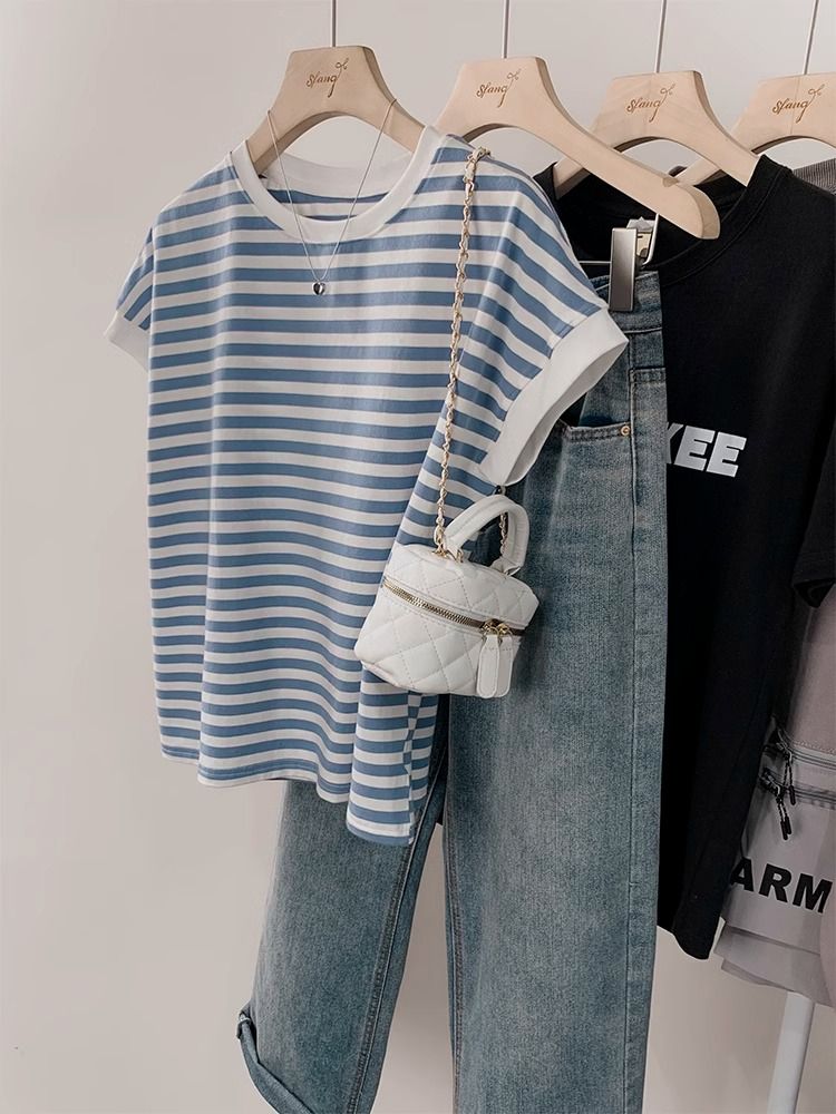 Printed 21 count super cool cotton 210g back collar 240kg extra large size Korean style striped T-shirt for women