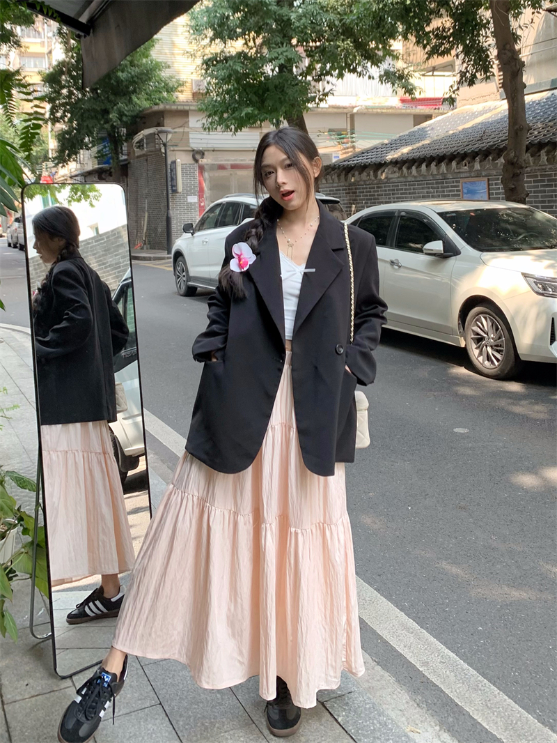 實拍 50095休閒寬鬆百搭氣質西服+50096半身裙甜美減齡a字長裙春