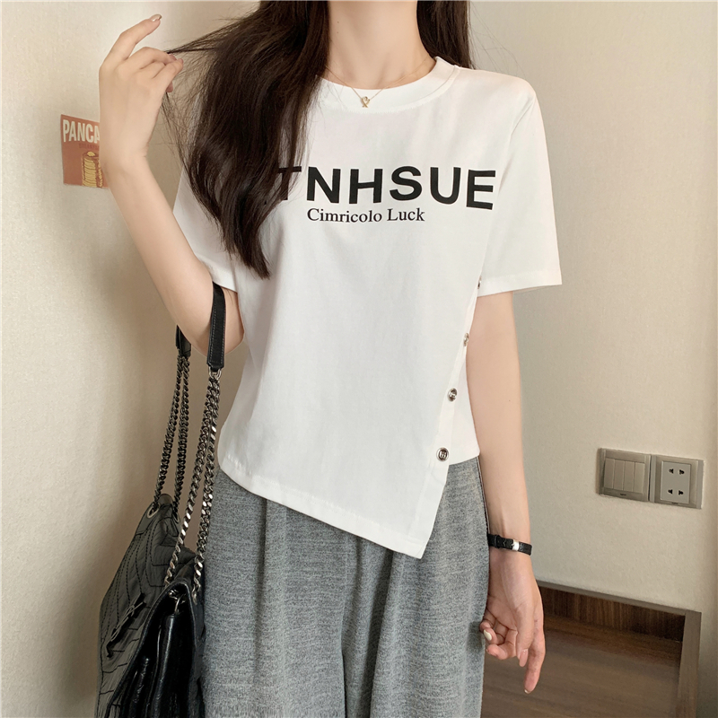 實拍 2024夏季韓版純棉寬鬆圓領紐扣不規則短款短袖T恤女