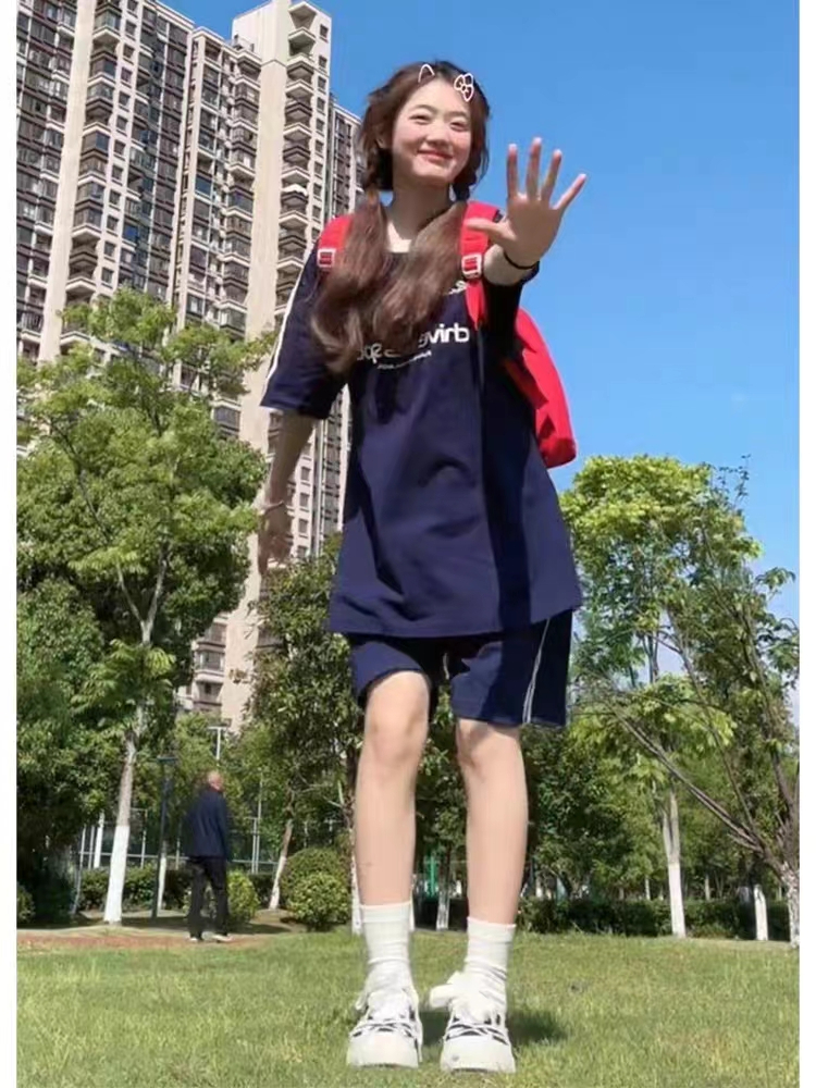 American girl college style casual sportswear suit for women summer style retro loose short-sleeved shorts two-piece set