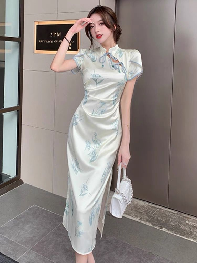 新中式素雅改良旗袍女夏季設計小眾短袖連衣裙復古開叉包臀中長裙