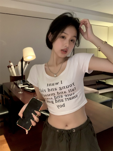 Real shot of niche hot girl pure cotton simple slim fit letter printed slimming and age-reducing short navel-baring short-sleeved T-shirt top