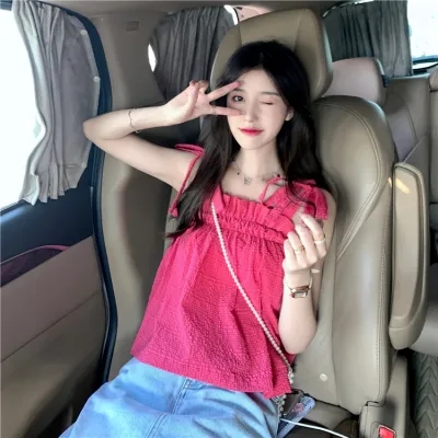 火龍果色蝴蝶結設計感吊帶女外穿夏季玫紅色寬鬆甜美顯白甜酷上衣