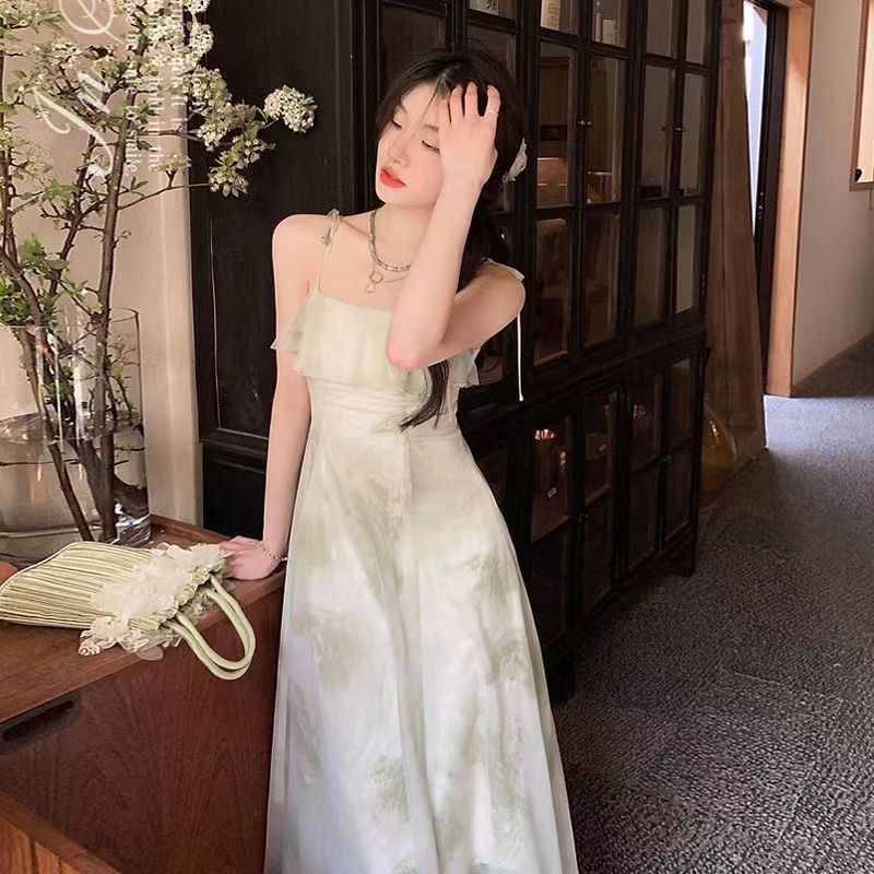 2024韓版夏季新款吊帶長裙仙女荷葉邊印花無袖氣質連衣裙
