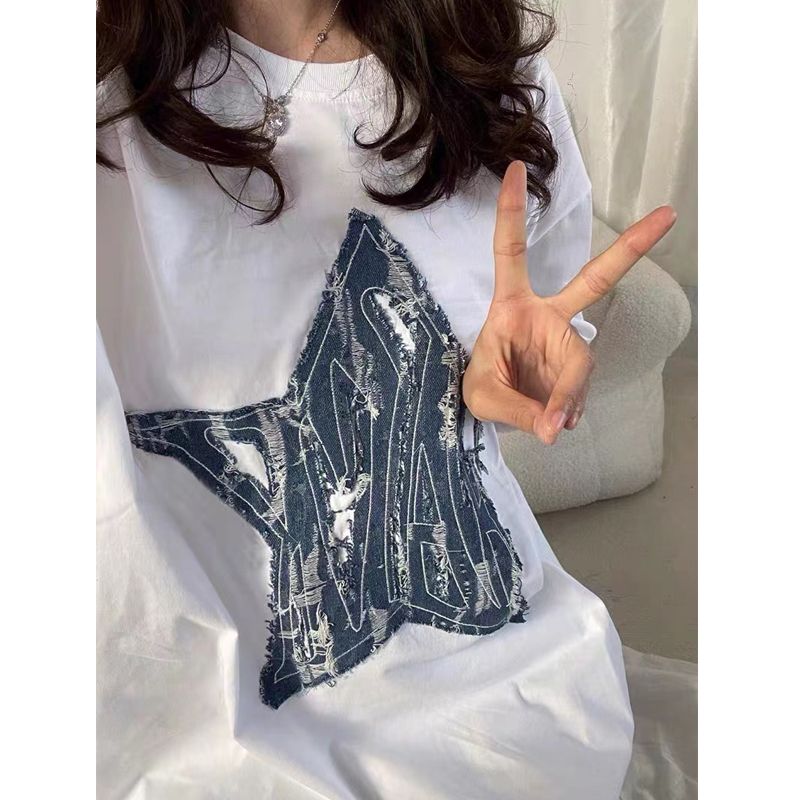 純棉200克質量240斤大碼牛仔刺繡正肩星星恤