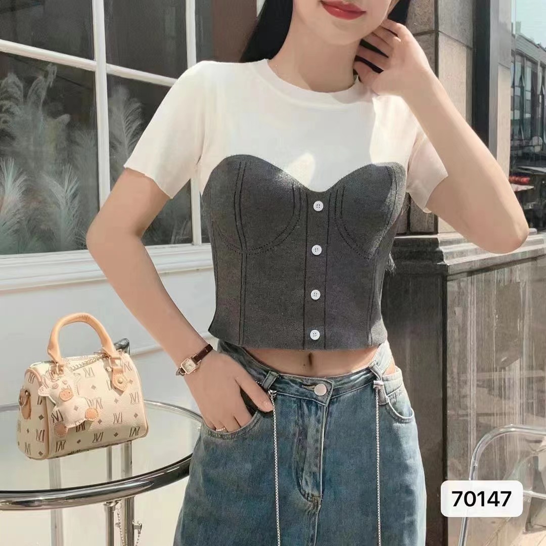 夏季新款韓版簡約時尚圓領拼色假兩件短袖上衣女