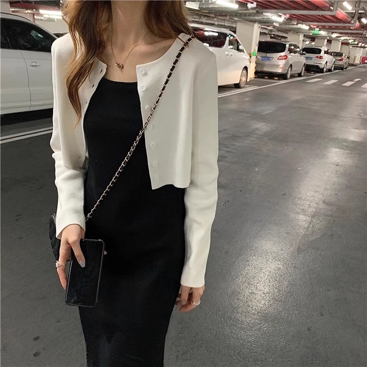 2024春夏季新款白色針織開衫女外搭短款配吊帶連衣裙小外套薄款夏
