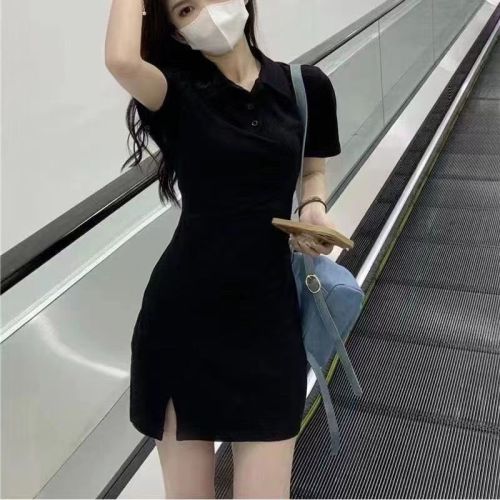 Black pure lust style short-sleeved POLO collar skirt sexy hot girl outfit