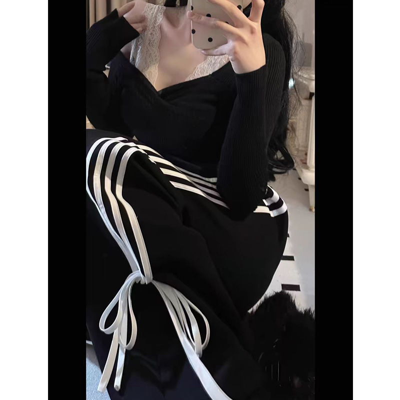 美式復古蝴蝶結休閒闊腿褲子女寬鬆設計感小眾高腰直筒衛褲潮