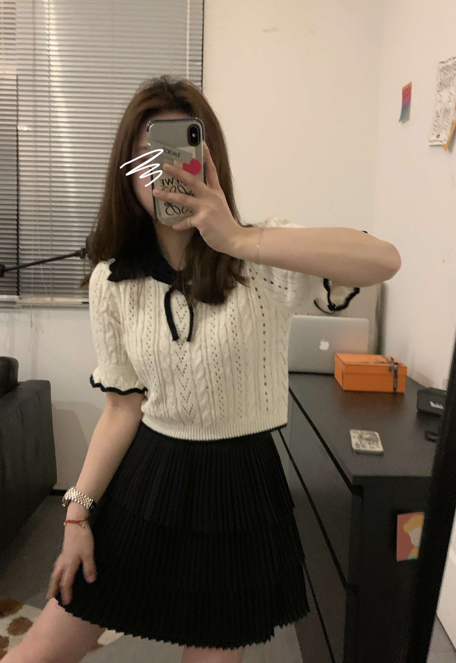Viiwen 少女感精zhi翻領短款鈎花撞色減齡氣質白色小香風針織短袖