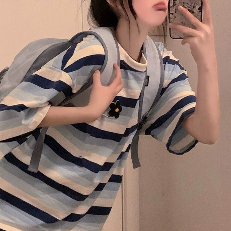 純棉210克精梳緊密後包領240斤大碼小眾港味條紋T恤女