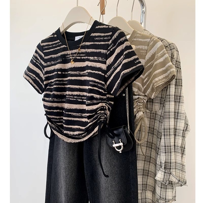 Printed 40 count 92 cotton 8 spandex 210g back collar 200kg extra large size drawstring short sleeves for women