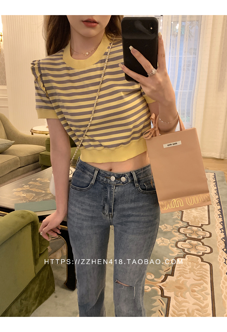 Zhenzhenjia knitted short-sleeved T-shirt women's loose striped top design niche short T-shirt summer 2024 new style