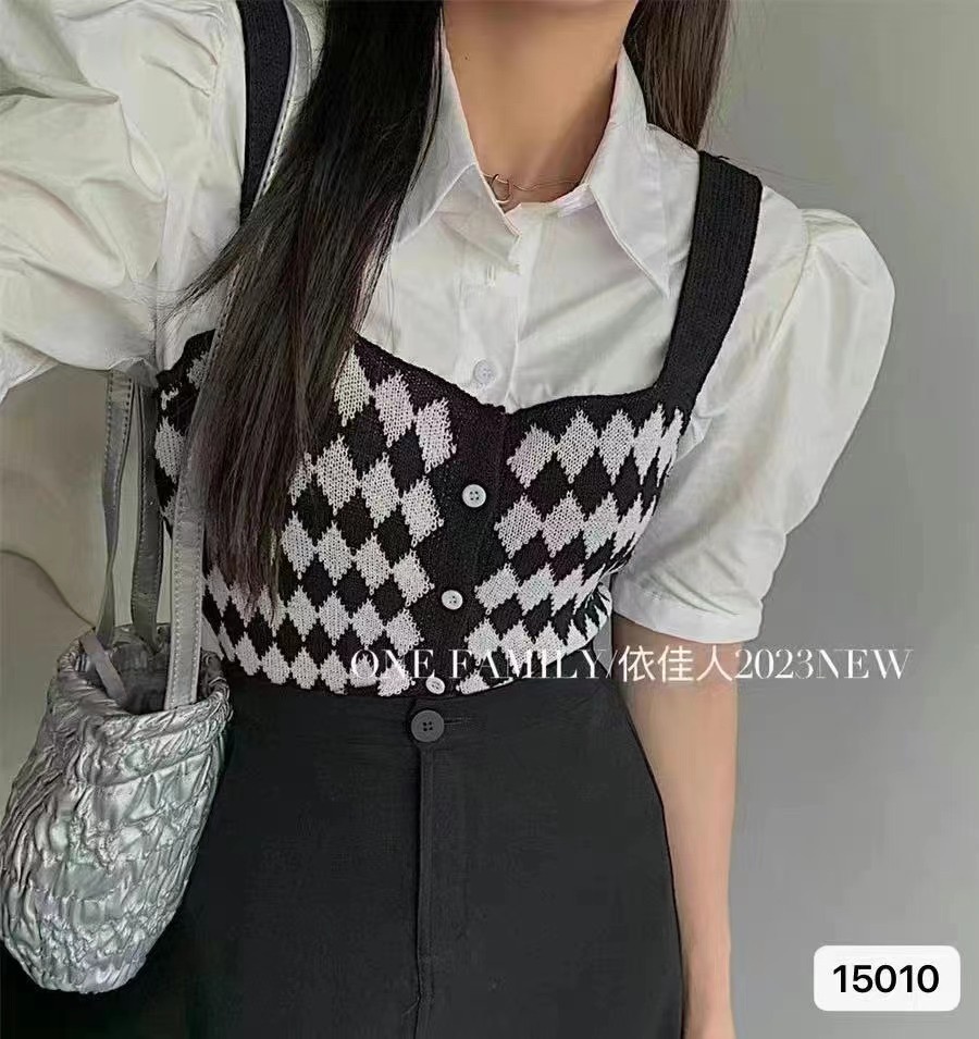2024夏季新款韓版時尚洋氣Polo領拼接格子假兩件短袖上衣女