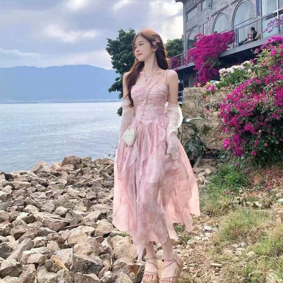 白里BAILISTUDIO櫻漫之夏仙女風暈染花色不規則下擺度假長裙