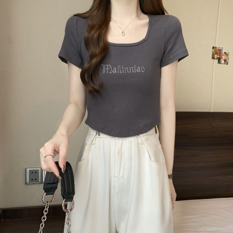 實拍  40支純棉 2024夏裝刺繡字母高腰短款T恤女設計感