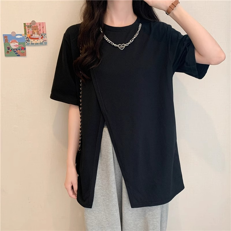 Original workmanship summer 2024 new versatile loose women's short-sleeved design niche irregular slit top