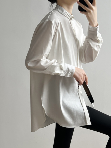实拍新中式国风衬衫女2024春季新款设计感立领盘扣长袖上衣