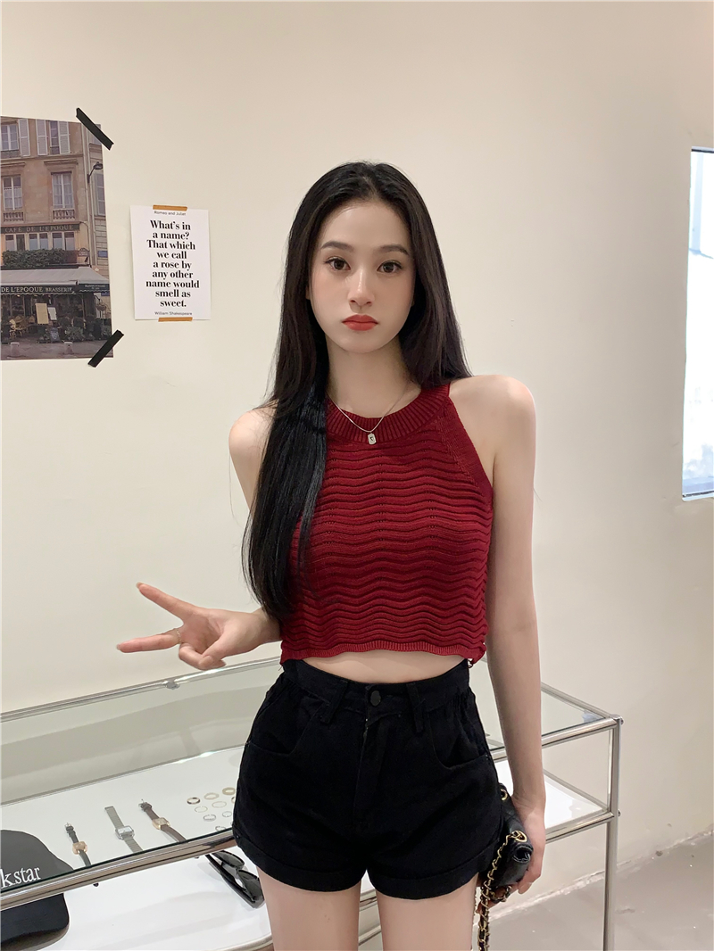 Real shot of designer halter neck slim slimming sleeveless vest suspender knitted top for women