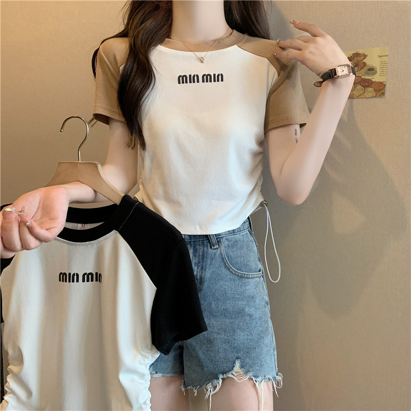 實拍 夏季韓版新款小眾撞色抽繩圓領字母刺繡短款短袖T恤女